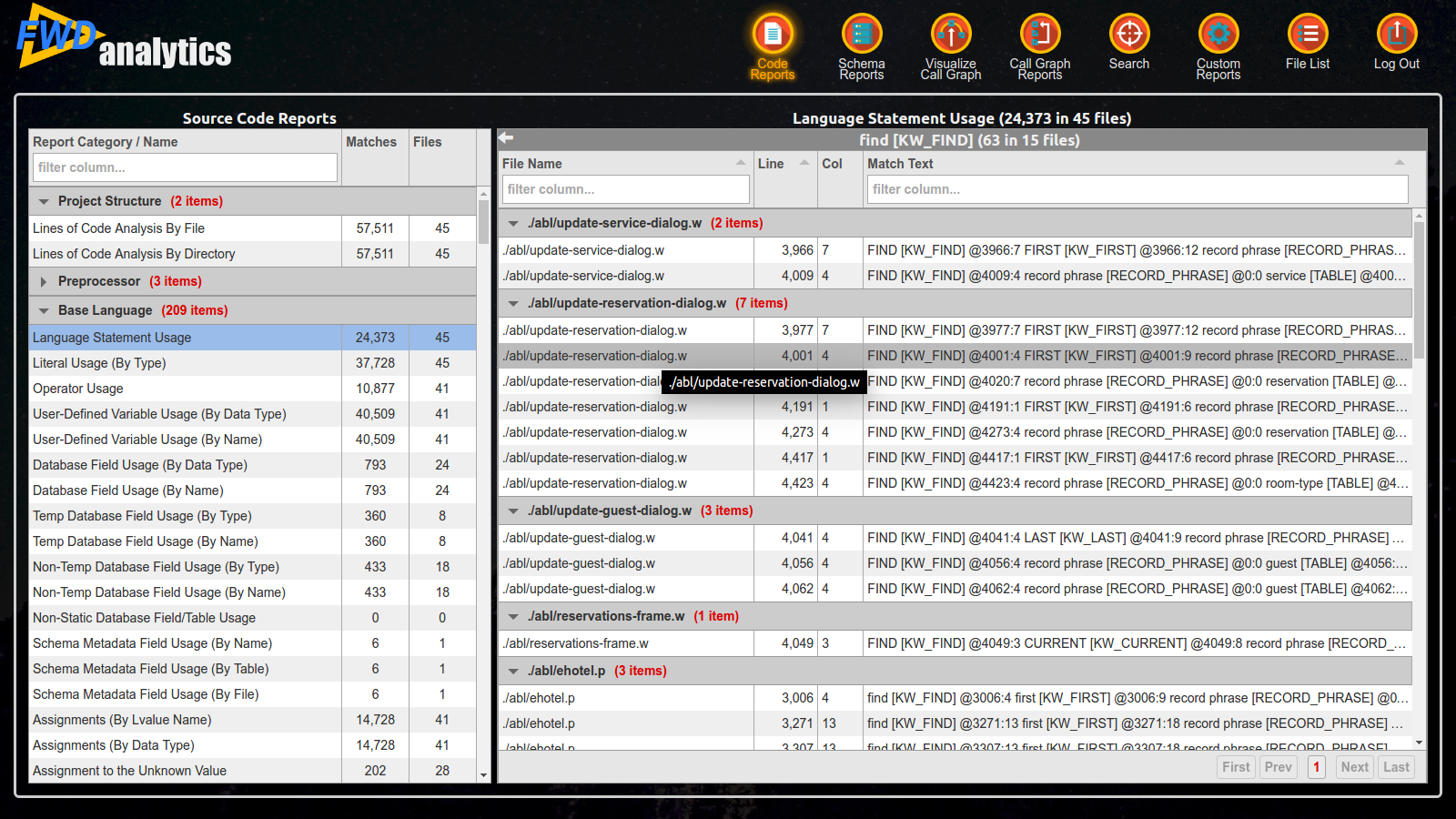 Screen shot language statement kw_find detail report